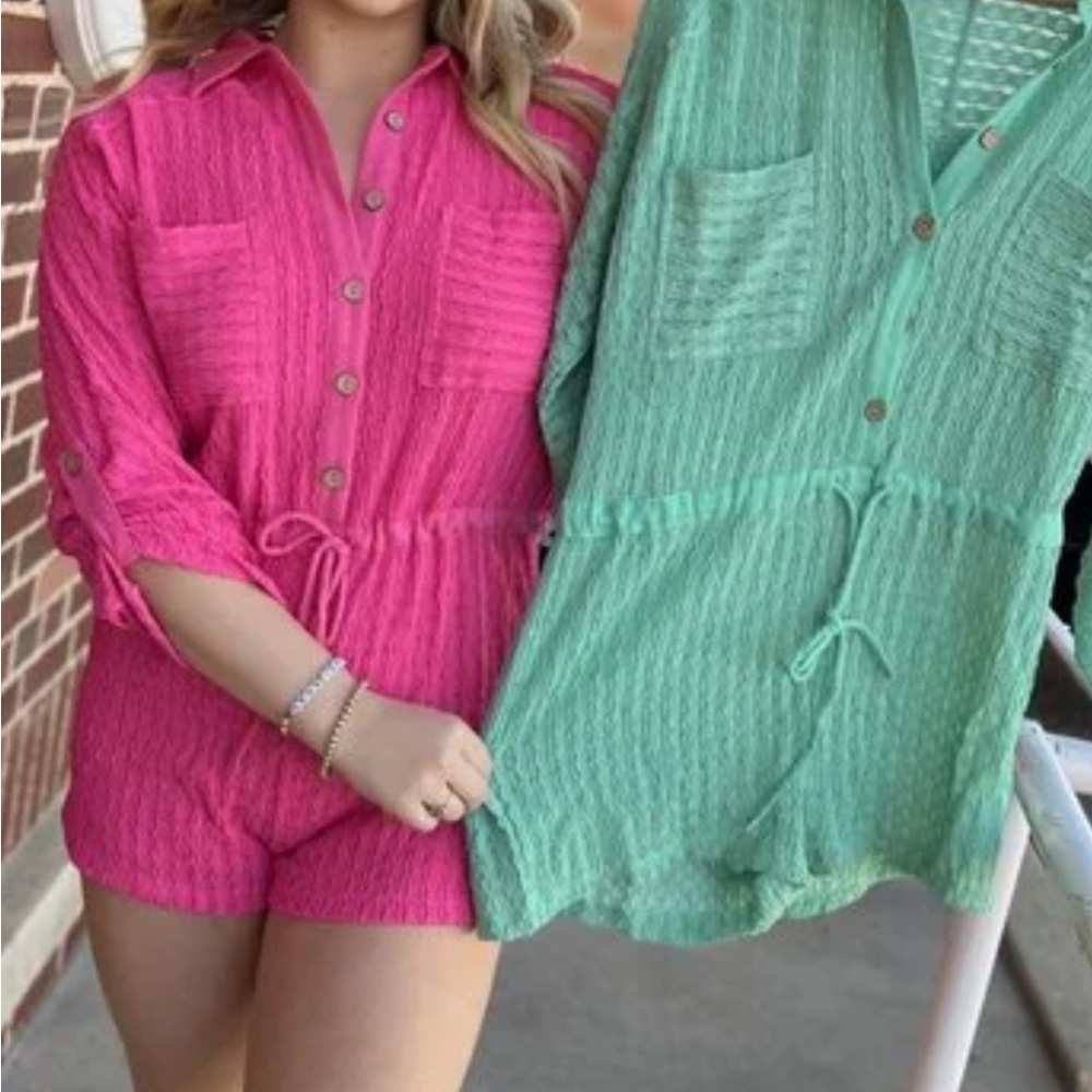 Vibrant Pink Button-Up romper cinch waist small